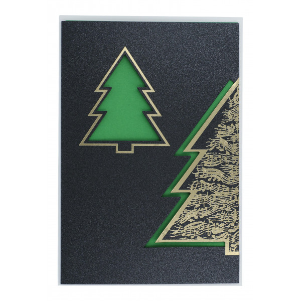 Doppelkarte Weihnachtsbaum mit Notenlinien, grün-gold
